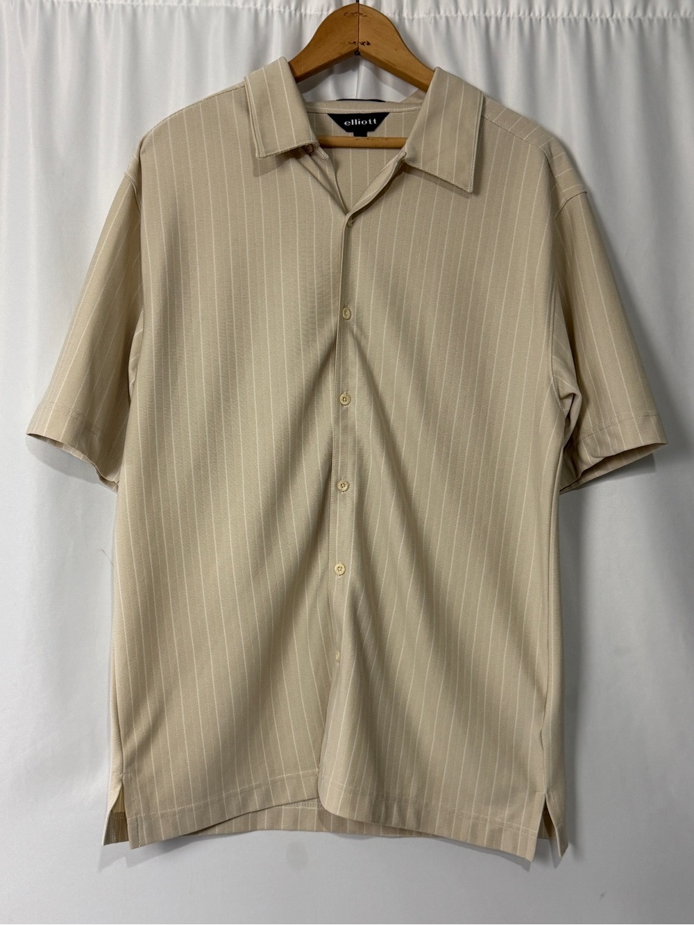 Vintage 90s Elliott Beige Pinstripe Short Sleeve Camp Shirt Mens Sz Large